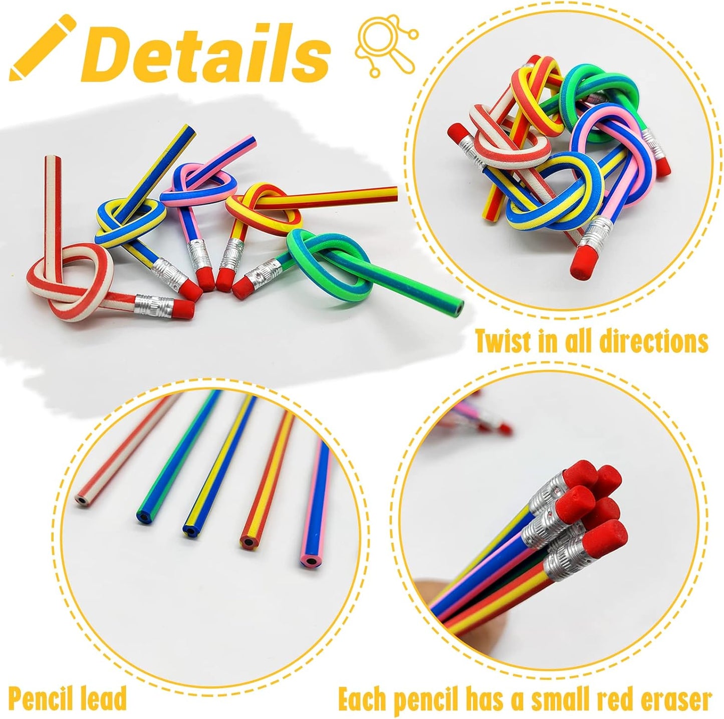 Flexible Striped Fidget Pencil – 7” Twistable Soft Rubber Pencil with Eraser (Assorted Colors)