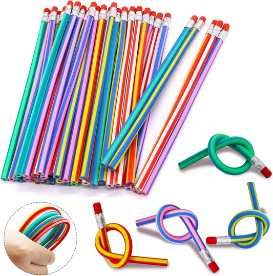 Flexible Striped Fidget Pencil – 7” Twistable Soft Rubber Pencil with Eraser (Assorted Colors)