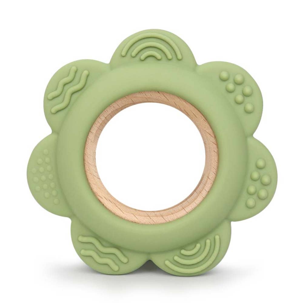 Giften Market – Green Flower Silicone & Beech Wood Baby Ring Teether Toy