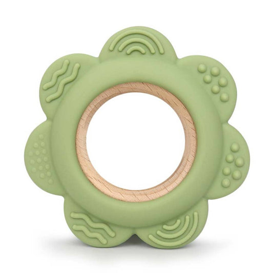 Giften Market – Green Flower Silicone & Beech Wood Baby Ring Teether Toy